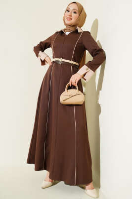 Önü Gizli Fermuarlı Çift Kemerli Elbise Kahve - Elbise