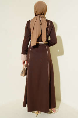 Önü Gizli Fermuarlı Çift Kemerli Elbise Kahve - Elbise