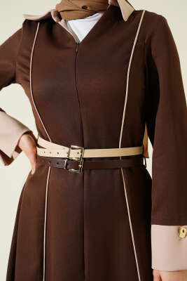 Önü Gizli Fermuarlı Çift Kemerli Elbise Kahve - Elbise