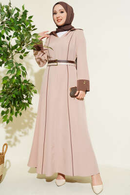 Önü Gizli Fermuarlı Çift Kemerli Elbise Pudra - BERAT TEKSTİL