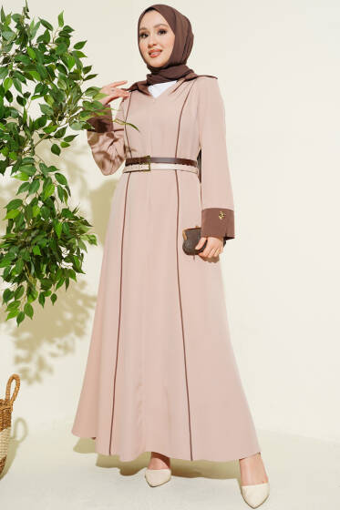 Önü Gizli Fermuarlı Çift Kemerli Elbise Pudra - Elbise
