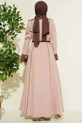 Önü Gizli Fermuarlı Çift Kemerli Elbise Pudra - Elbise
