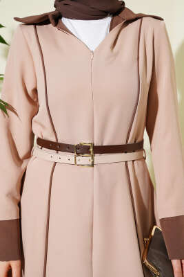 Önü Gizli Fermuarlı Çift Kemerli Elbise Pudra - Elbise