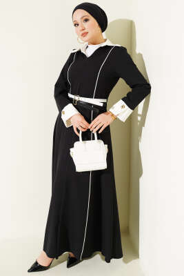 Önü Gizli Fermuarlı Çift Kemerli Elbise Siyah - BERAT TEKSTİL