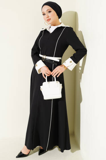 Önü Gizli Fermuarlı Çift Kemerli Elbise Siyah - Elbise