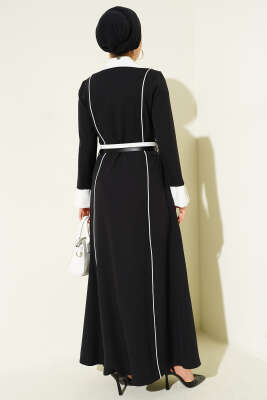 Önü Gizli Fermuarlı Çift Kemerli Elbise Siyah - Elbise