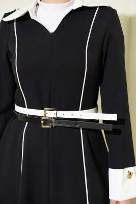 Önü Gizli Fermuarlı Çift Kemerli Elbise Siyah - Elbise