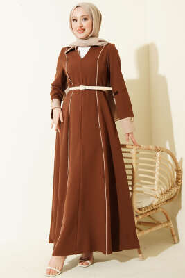 Önü Gizli Fermuarlı Tek Kemerli Elbise Kahve 
