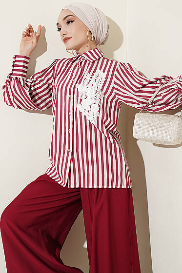 Önü Güpürlü Çizgili Gömlek Bordo - Gömlek