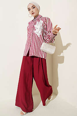 Önü Güpürlü Çizgili Gömlek Bordo - Gömlek