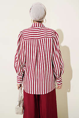 Önü Güpürlü Çizgili Gömlek Bordo - Gömlek