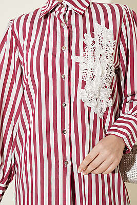 Önü Güpürlü Çizgili Gömlek Bordo - Gömlek