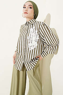 Önü Güpürlü Çizgili Gömlek Haki 