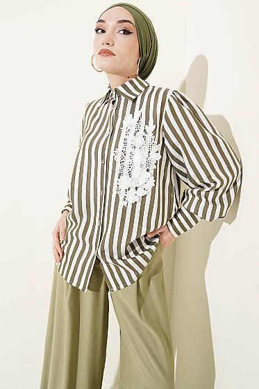 Önü Güpürlü Çizgili Gömlek Haki - Gömlek