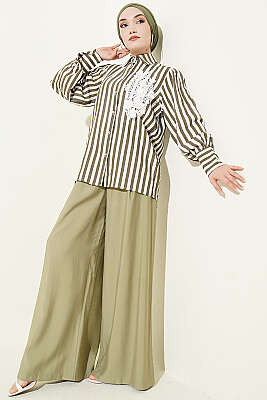 Önü Güpürlü Çizgili Gömlek Haki - Gömlek