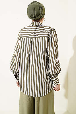 Önü Güpürlü Çizgili Gömlek Haki - Gömlek