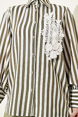 Önü Güpürlü Çizgili Gömlek Haki - Gömlek