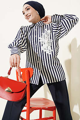 Önü Güpürlü Çizgili Gömlek Lacivert 