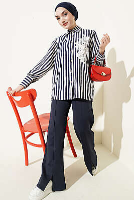 Önü Güpürlü Çizgili Gömlek Lacivert - Gömlek