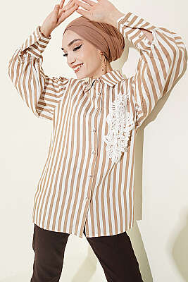 Önü Güpürlü Çizgili Gömlek Latte - MD TREND