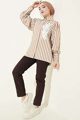 Önü Güpürlü Çizgili Gömlek Latte - Gömlek