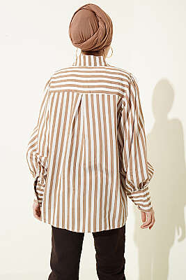 Önü Güpürlü Çizgili Gömlek Latte - Gömlek