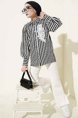 Önü Güpürlü Çizgili Gömlek Siyah - Gömlek