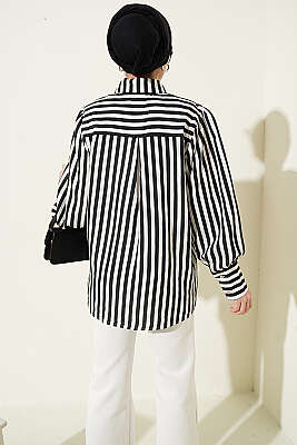 Önü Güpürlü Çizgili Gömlek Siyah - Gömlek