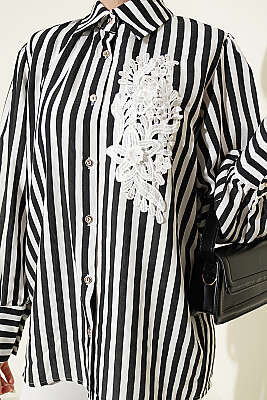 Önü Güpürlü Çizgili Gömlek Siyah - Gömlek