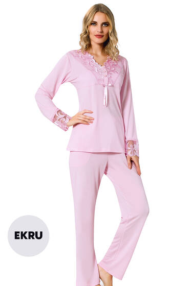Önü Güpürlü Pijama Takımı Ekru - Pijama & Gecelik