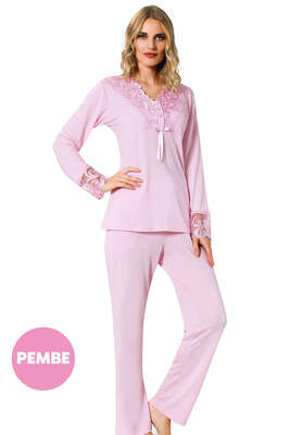 Önü Güpürlü Pijama Takımı Pembe - Thumbnail