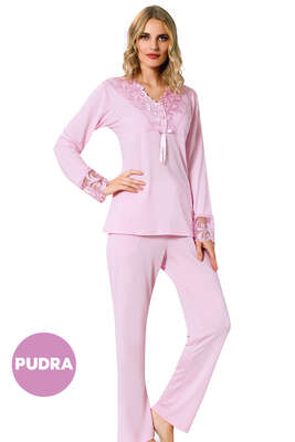 Önü Güpürlü Pijama Takımı Pudra - Thumbnail