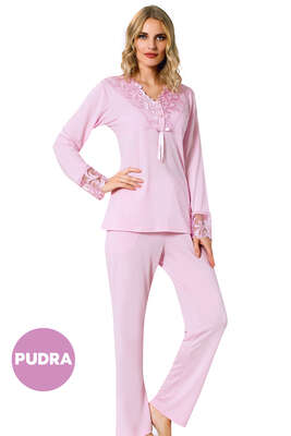 Önü Güpürlü Pijama Takımı Pudra - Pijama & Gecelik