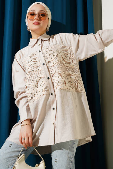 Önü Güpürlü Taşlı Salaş Gömlek Bej - Gömlek