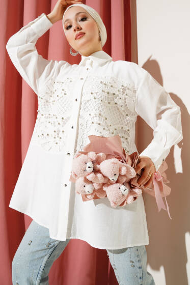 Önü Güpürlü Taşlı Salaş Gömlek Beyaz - Gömlek