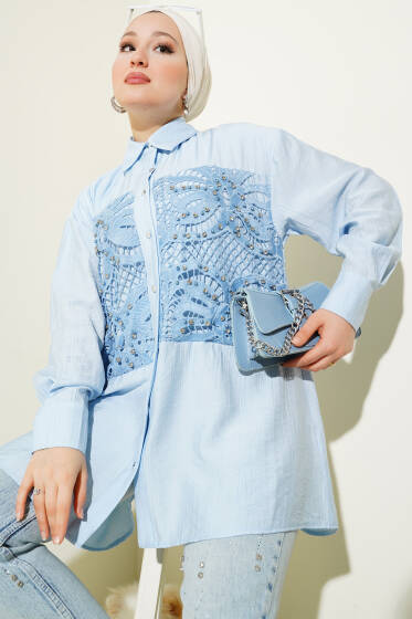 Önü Güpürlü Taşlı Salaş Gömlek Mavi - Gömlek