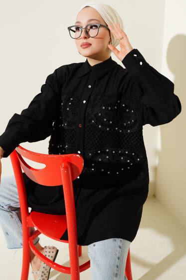 Önü Güpürlü Taşlı Salaş Gömlek Siyah - Gömlek