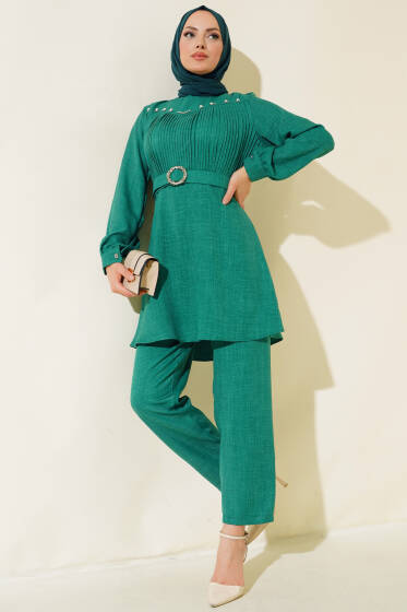 Önü İnci Detaylı Kemerli Tunik Takımı Benetton - İkili Takım