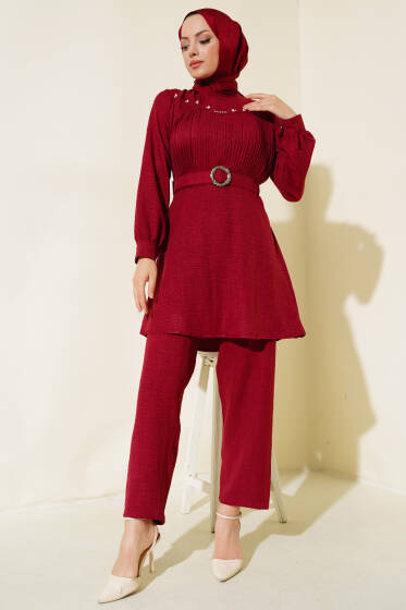 Önü İnci Detaylı Kemerli Tunik Takımı Bordo - İkili Takım
