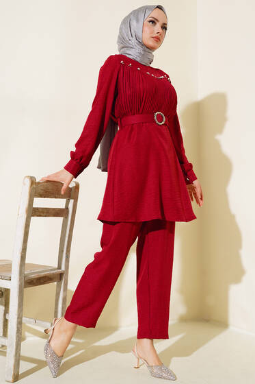  Önü İnci Detaylı Kemerli Tunik Takımı Burgonya - İkili Takım