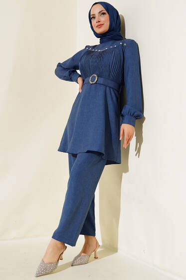  Önü İnci Detaylı Kemerli Tunik Takımı İndıgo - İkili Takım