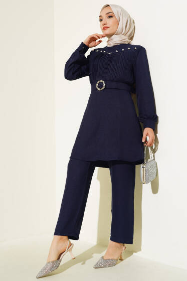 Önü İnci Detaylı Kemerli Tunik Takımı Lacivert - İkili Takım
