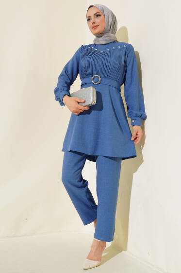 Önü İnci Detaylı Kemerli Tunik Takımı Mavi - İkili Takım