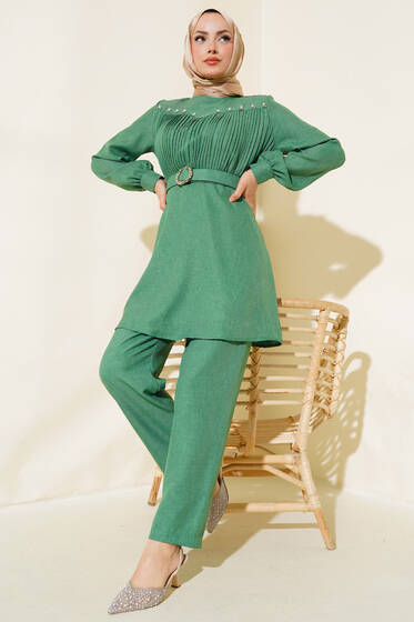  Önü İnci Detaylı Kemerli Tunik Takımı Yeşil - İkili Takım