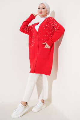 Önü İnci Süslemeli Düğmeli Triko Hırka Kırmızı - Triko Hırka