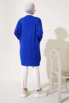 Önü İnci Süslemeli Düğmeli Triko Hırka Saks - Triko Hırka