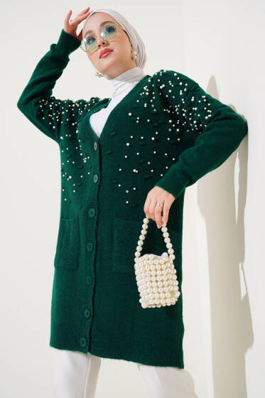 Önü İnci Süslemeli Düğmeli Triko Hırka Zümrüt - Hırka