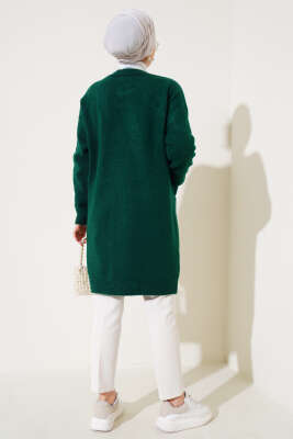 Önü İnci Süslemeli Düğmeli Triko Hırka Zümrüt - Triko Hırka