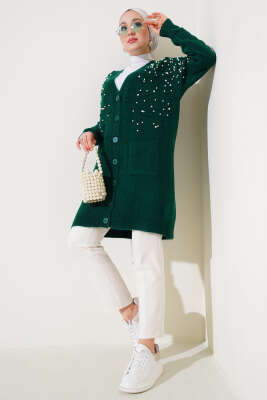 Önü İnci Süslemeli Düğmeli Triko Hırka Zümrüt - Triko Hırka