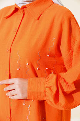 Önü İnci Süslemeli Gömlek Oranj - Thumbnail